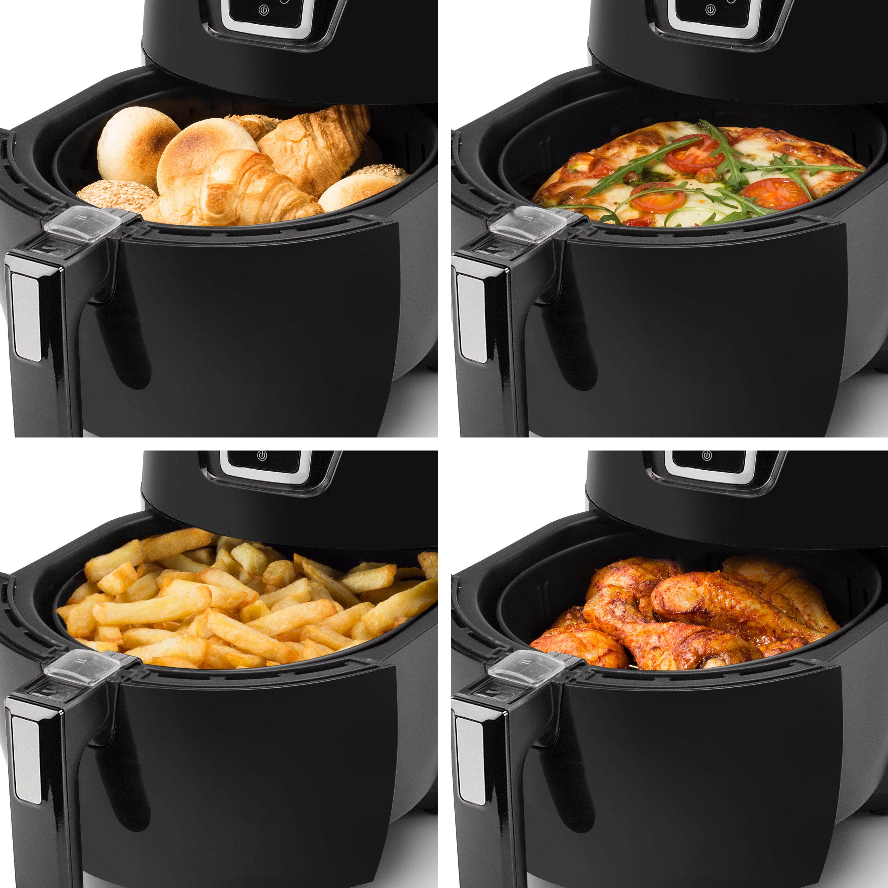Four images of a black air fryer. It contains bread, pizza, fries, and chicken wings. White background.