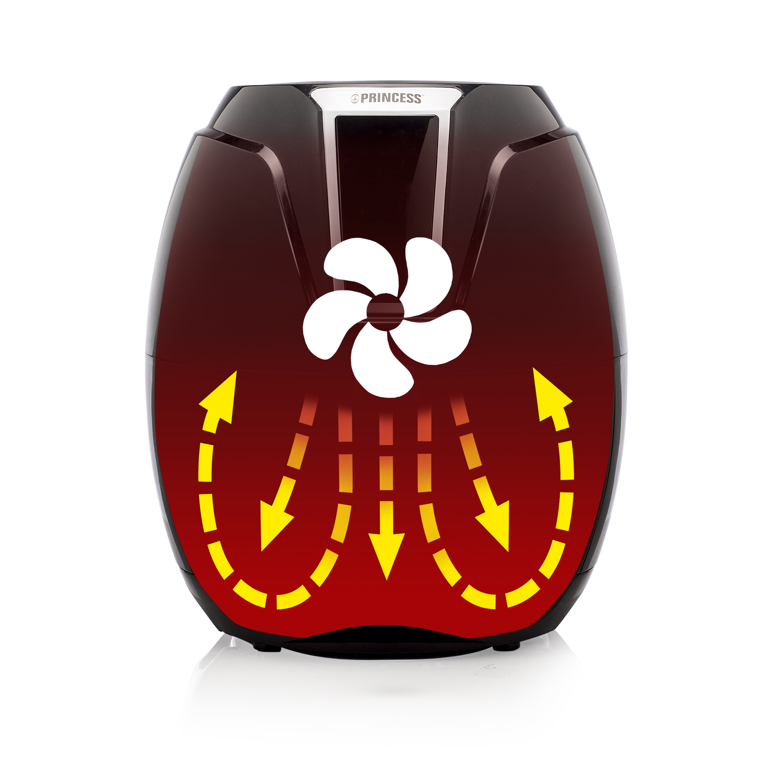 Red and black air fryer with a fan icon and yellow airflow arrows, white background.