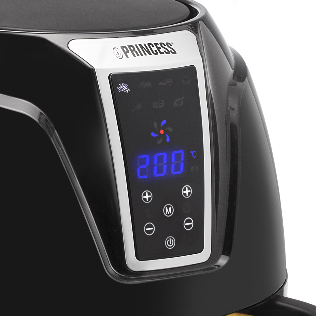 Black air fryer control panel. It displays settings and temperature on a blue screen.