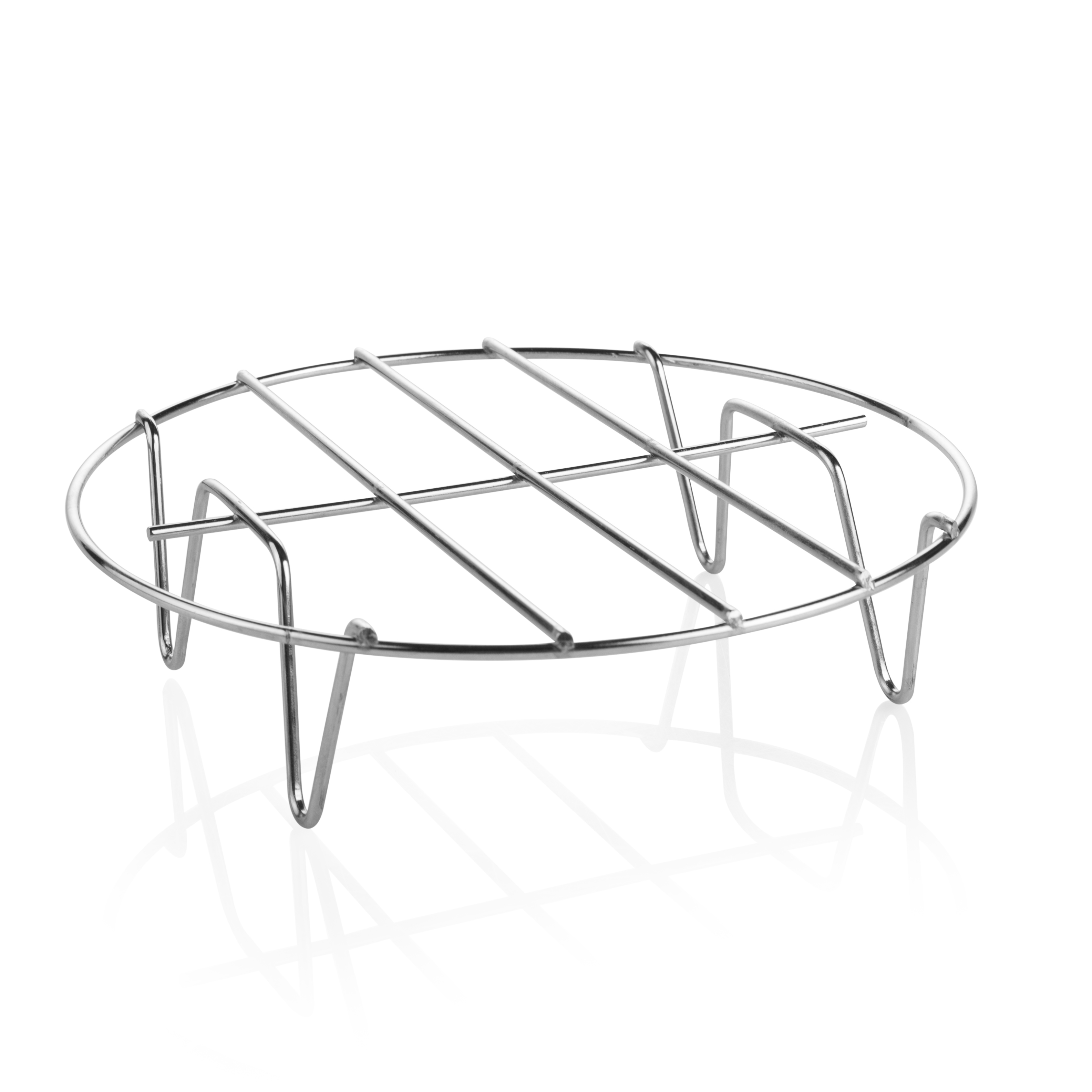 A stainless steel cooling rack on a white background. It has a circular shape with legs.