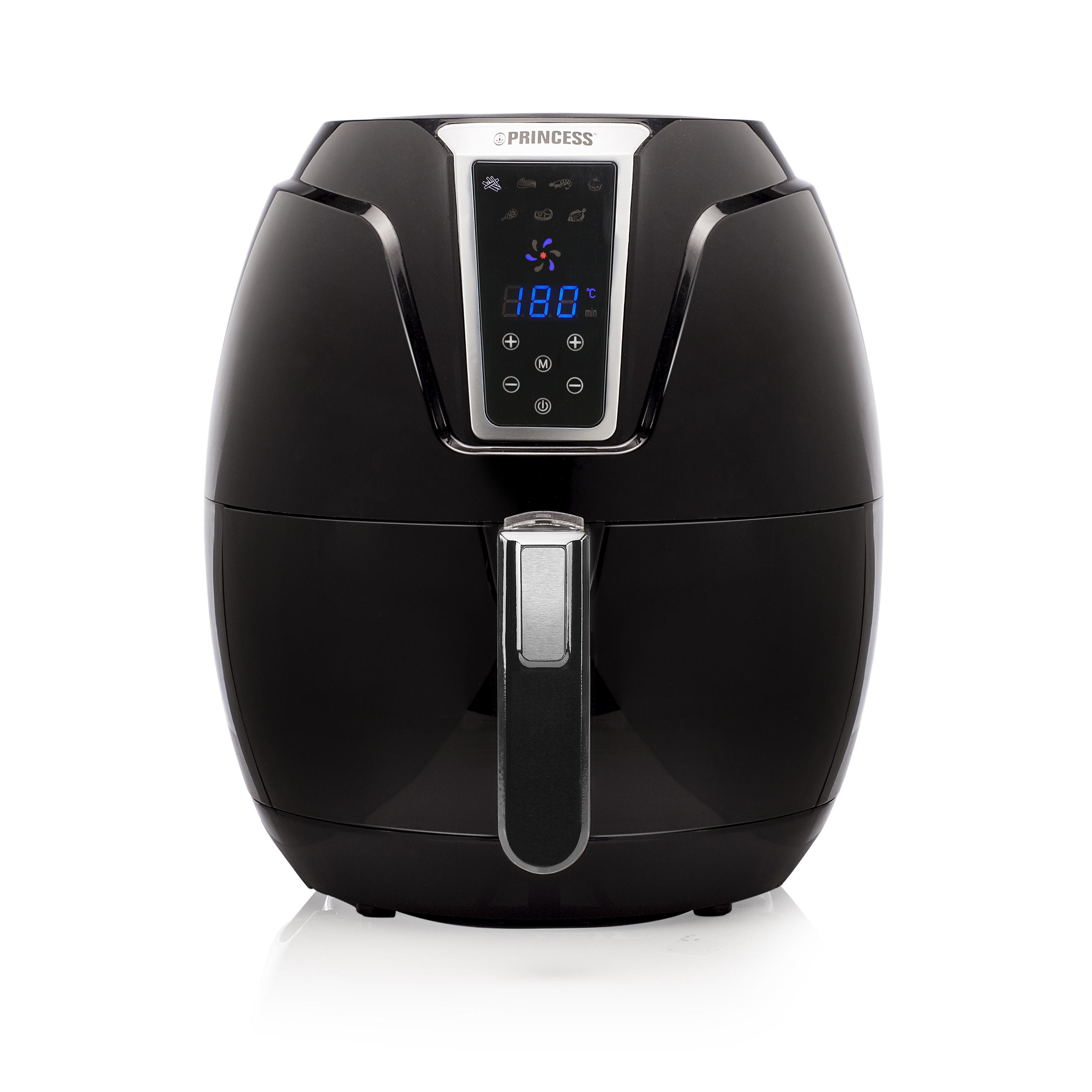 Black air fryer with digital display. It has a handle and buttons for temperature and timer.