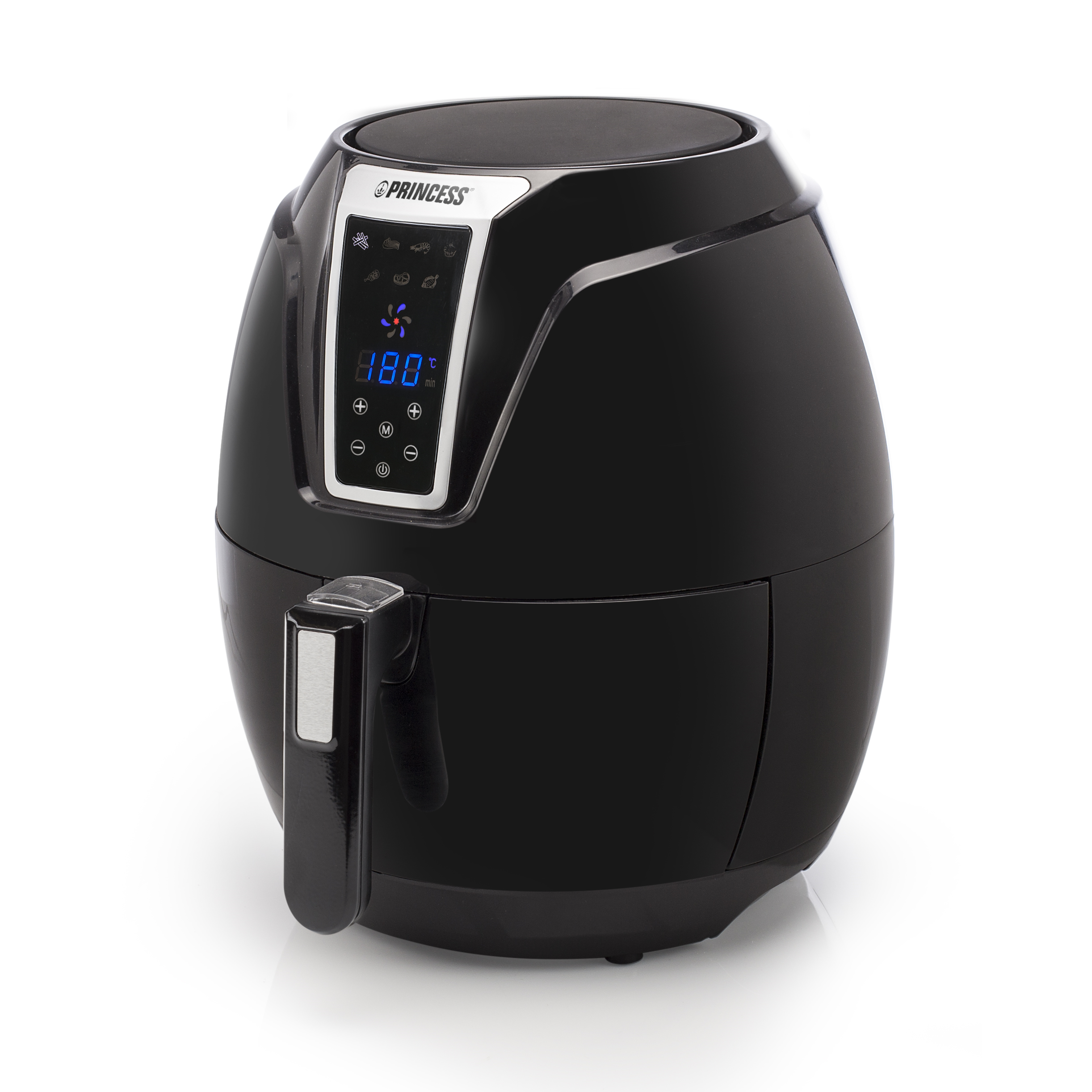 A black air fryer with a digital display showing the number '88'. The brand name 'PRINCESS' is on top.