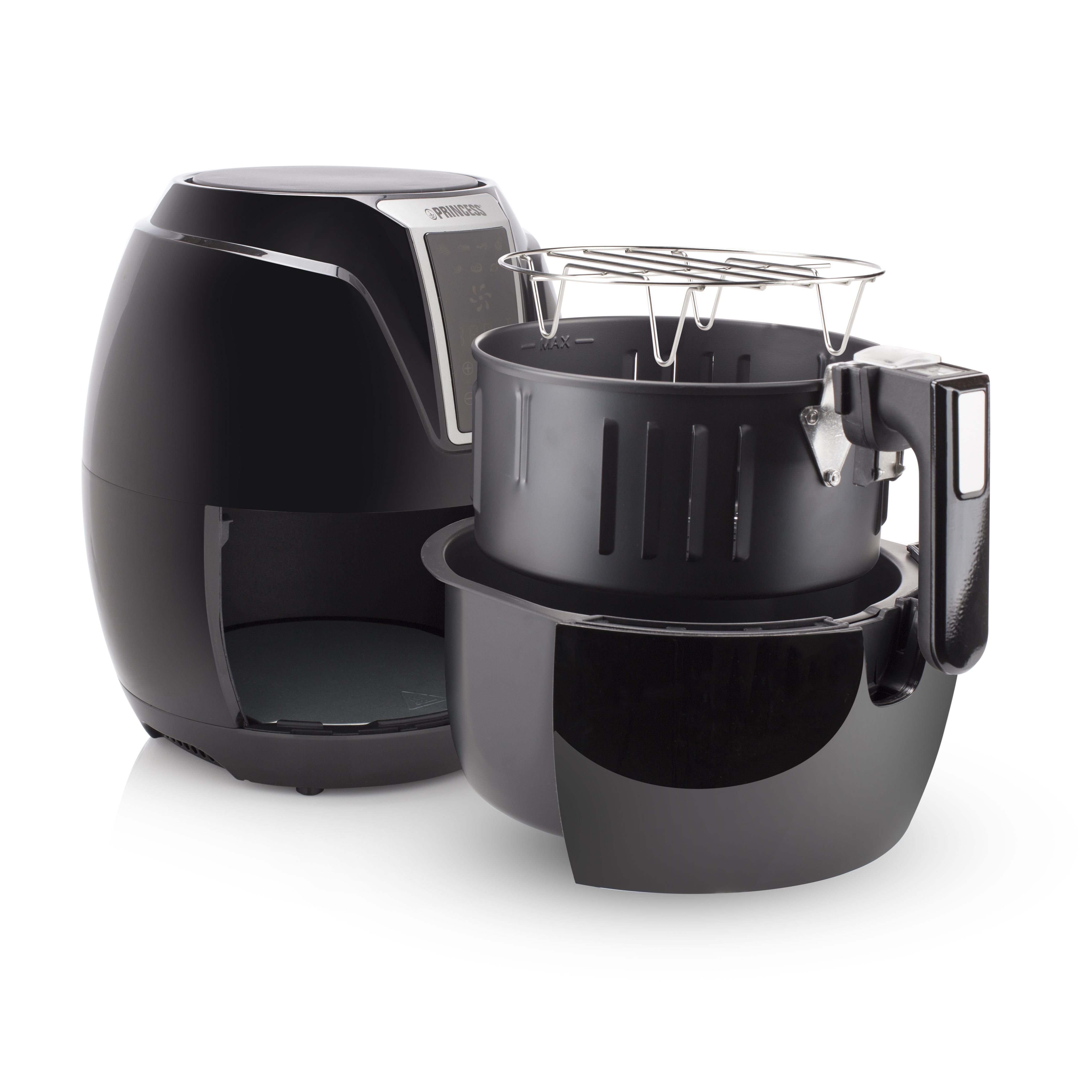 Black air fryer with removable basket and rack on a white background. Princess brand visible.
