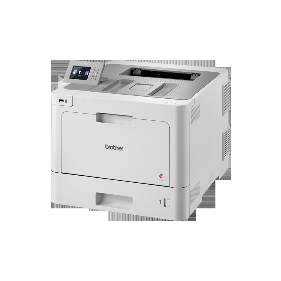 Weißer Brother-Drucker. Draufsicht, mit Papierfach, Knöpfen und Display.