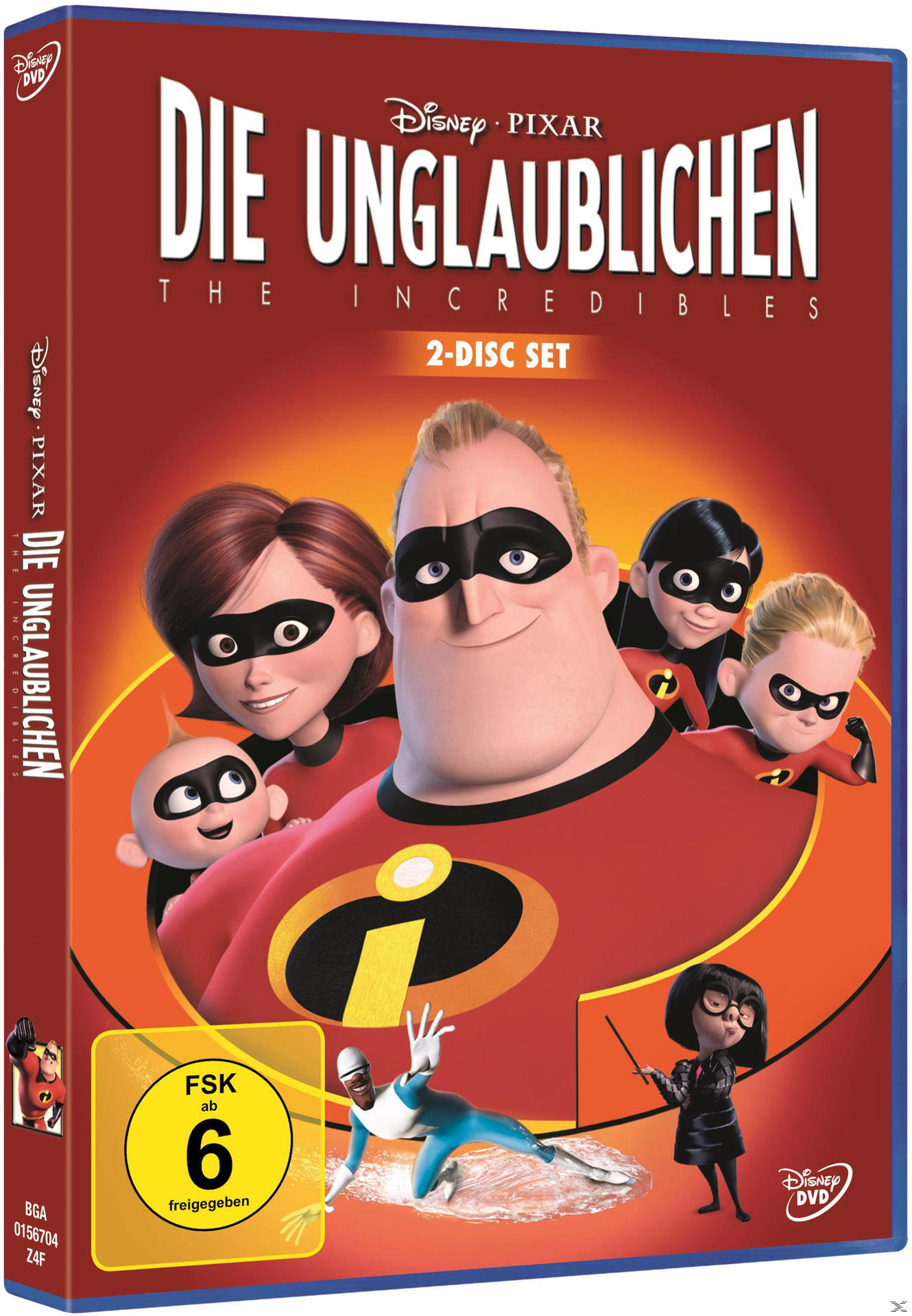 DVD-Hülle für 'Die Unglaublichen' mit einer Gruppe von Zeichentrickfiguren, roter Hintergrund.