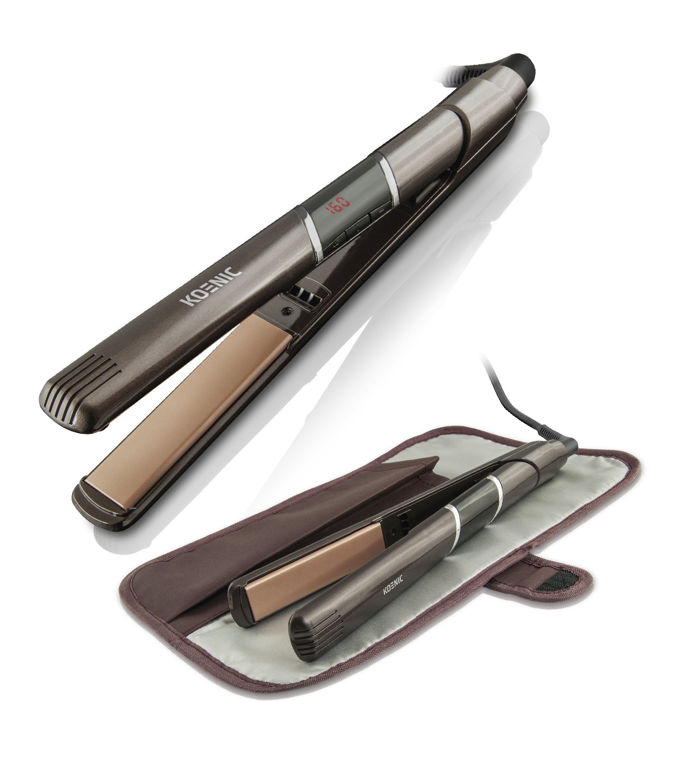 KOSNIC hair straightener. Features a digital display, brown plates, and a brown case.