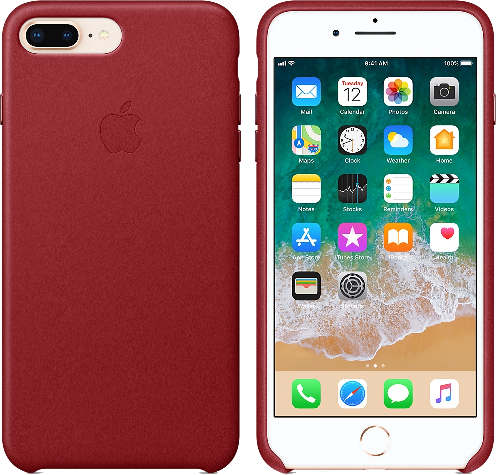 Egy piros bőrtokban lévő iPhone látható. A képernyőn alkalmazásikonok láthatók. A tokon Apple logó van.