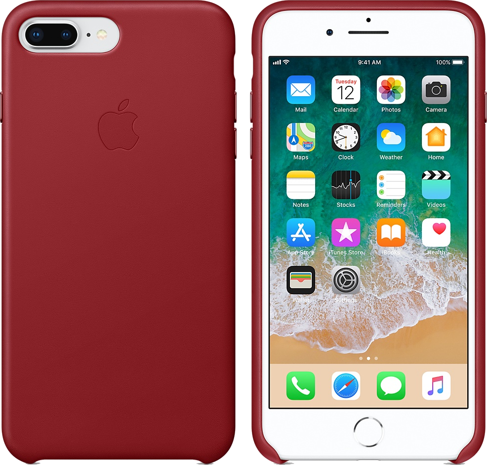Egy iPhone piros bőrtokban, a kezdőképernyővel. A tokon Apple logó látható.