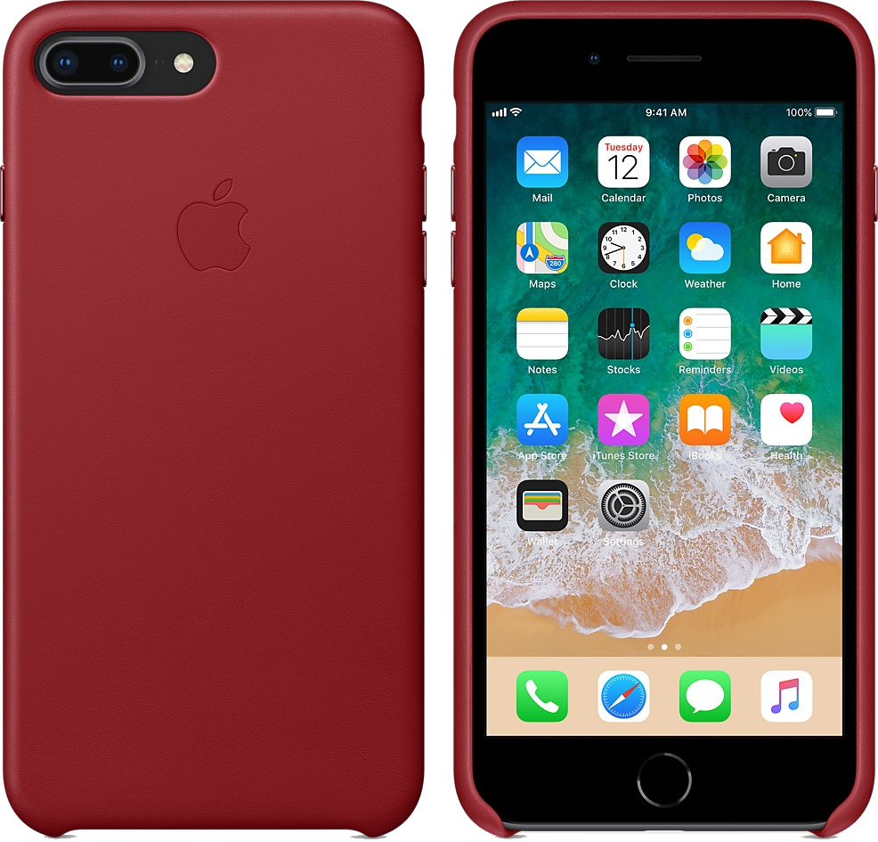 Piros iPhone piros tokban, a kezdőképernyőt mutatja az alkalmazásikonokkal. A tokon Apple logó van.