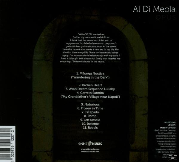 CD-Cover mit Al Di Meolas Album 'Opus', mit Titelliste und Text.