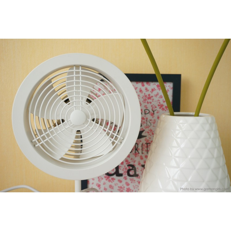 Un ventilateur blanc est centré, avec un vase de tiges vertes à droite. Une image encadrée est derrière le vase et le ventilateur.
