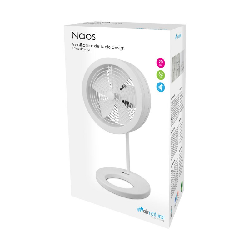 Ventilateur de bureau Naos blanc sur une boîte blanche. La boîte contient du texte et des icônes. Le ventilateur est rond avec trois pales, une base et un support.