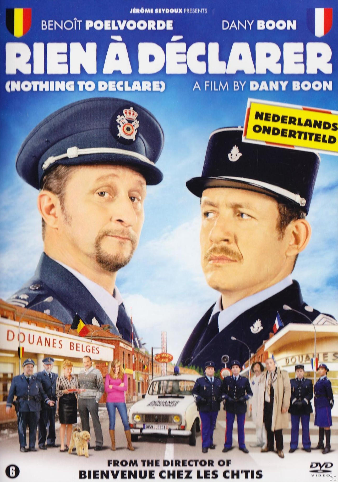 Affiche de film : Hommes en uniforme, titre 'Rien à Déclarer'. Scène de frontière et de personnes.