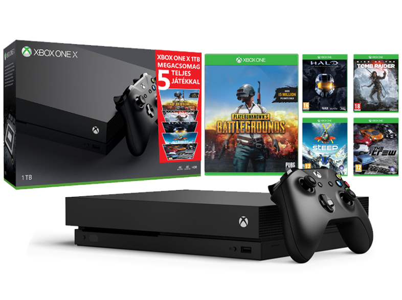 MICROSOFT Xbox One X 1 TB + PUBG + The Master Chief Collection + Rise of the Tomb Raider + Steep + The Crew