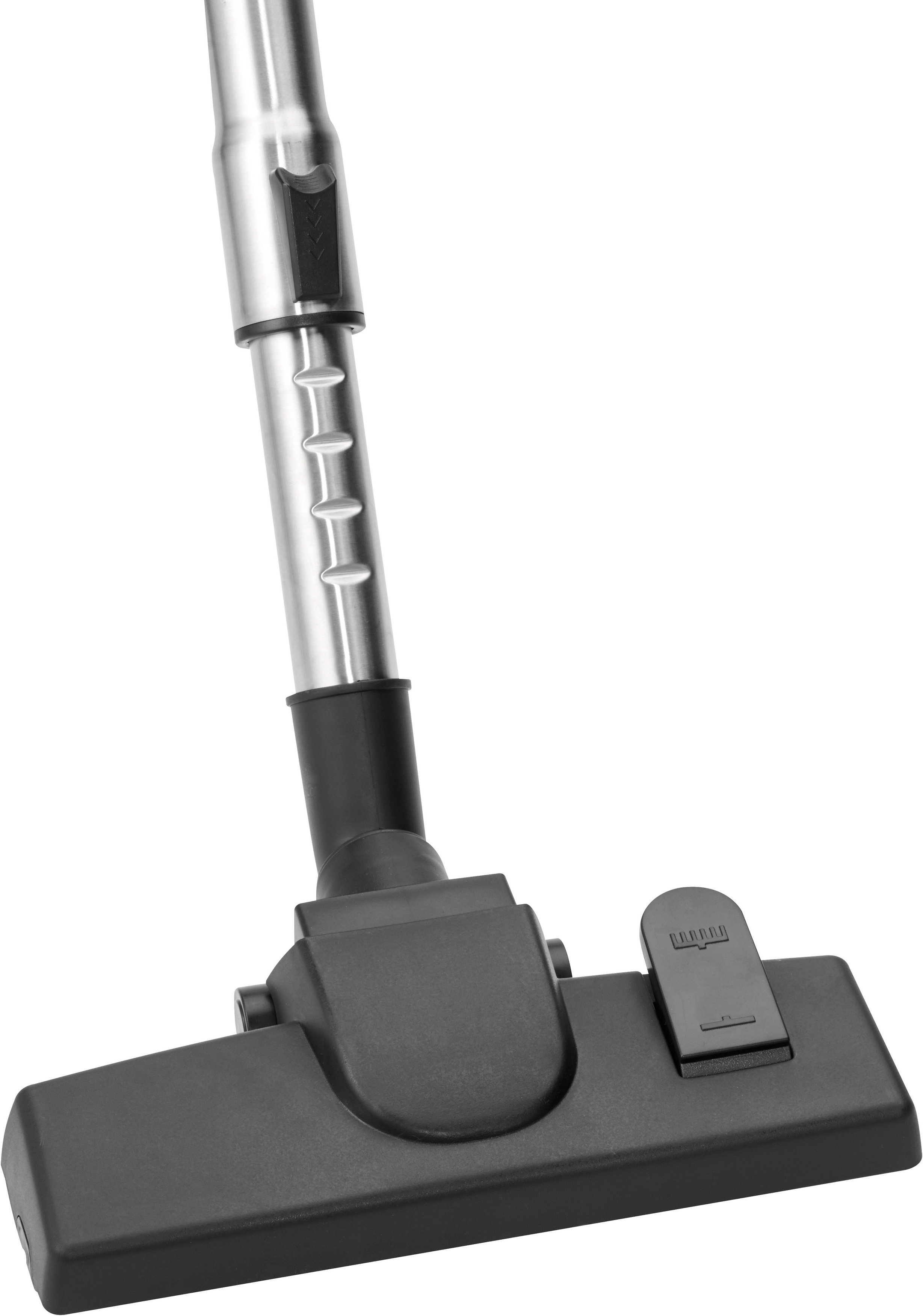 Staubsaugerdüse. Schwarzer rechteckiger Kopf mit silbernem Metallgriff und kleinem Knopf.