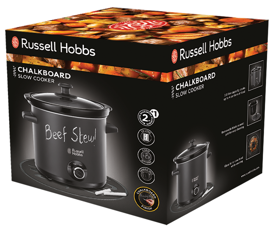 Zwarte slowcooker met handgeschreven 'Beef Stew' op een doos.