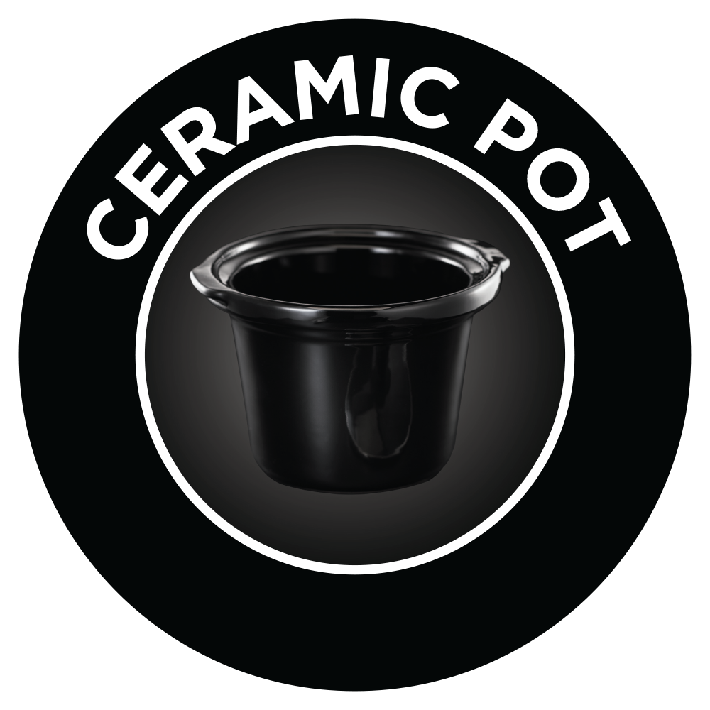 Een zwarte keramische pot in een witte cirkel met de woorden 'CERAMIC POT'.