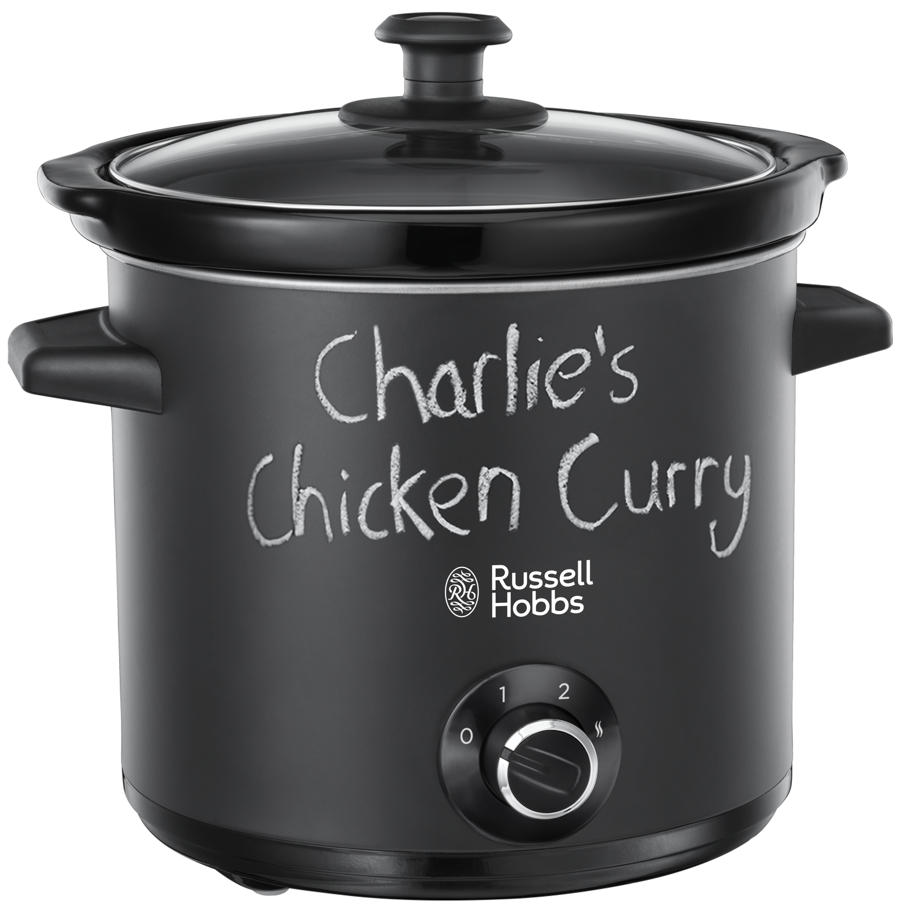 Zwarte slowcooker met handgeschreven tekst: Charlie's Chicken Curry.