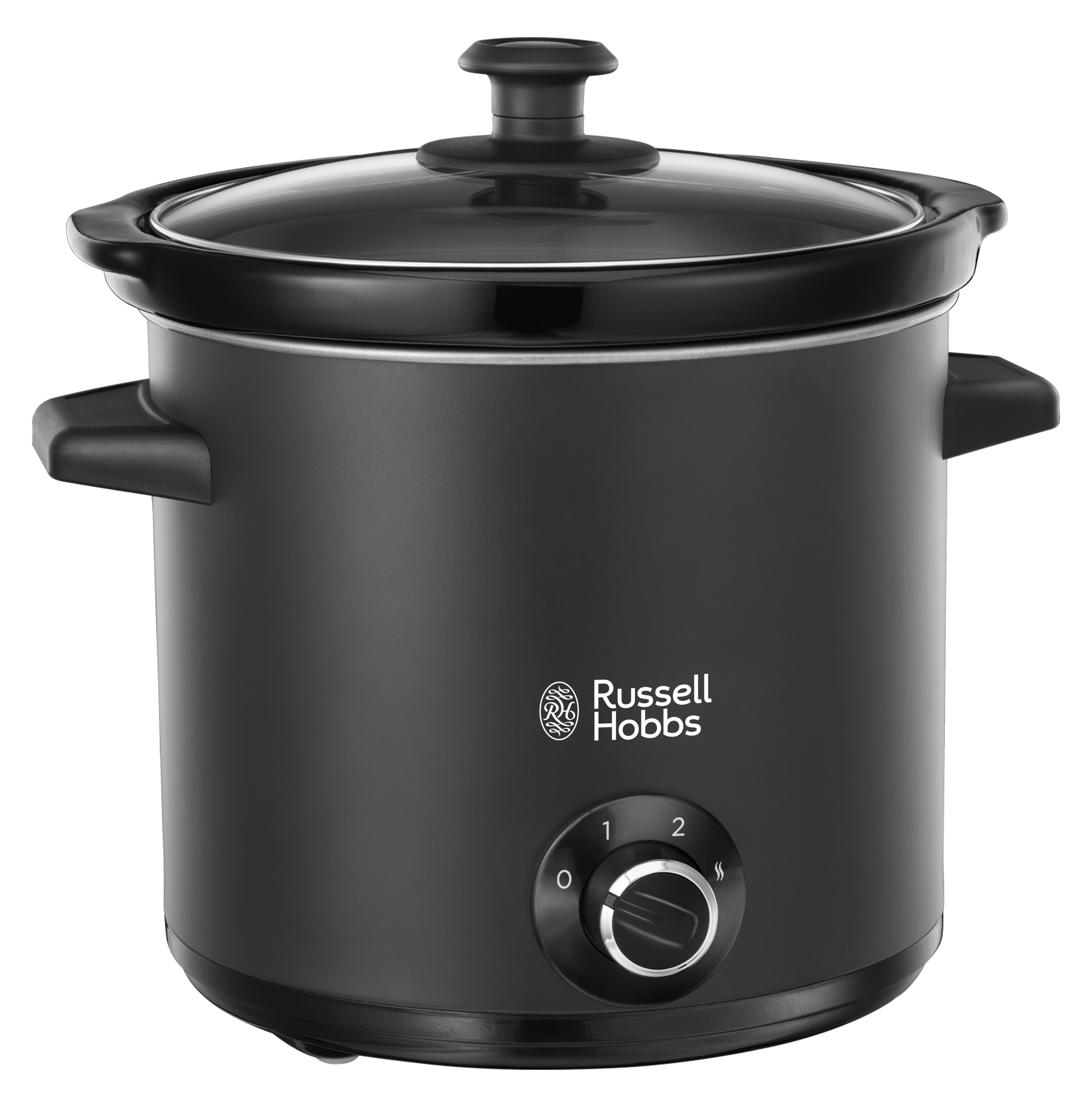 Zwarte slowcooker met een glazen deksel en een bedieningsknop.