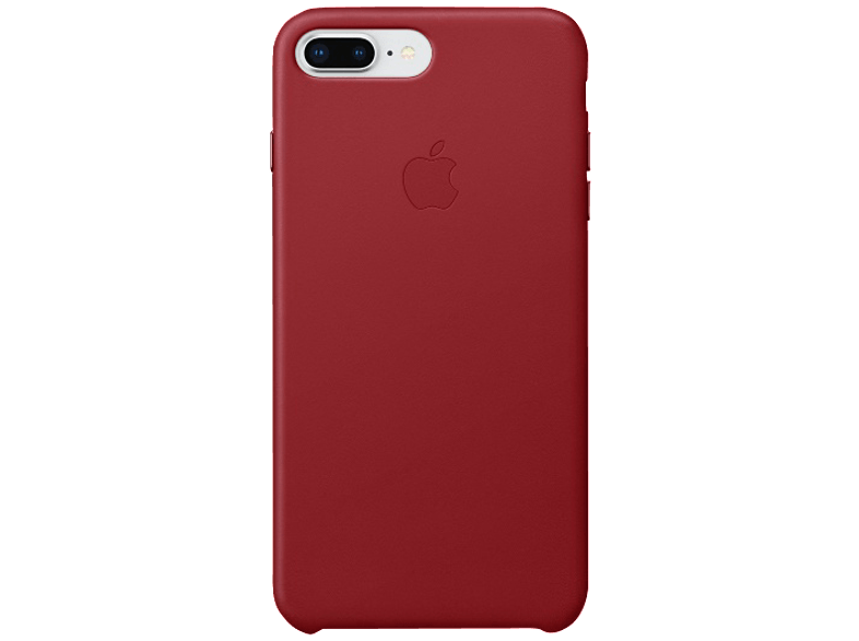 Piros iPhone tok Apple logóval. A tok kettős kamerával és vakuval rendelkezik. A háttér sötét türkiz.