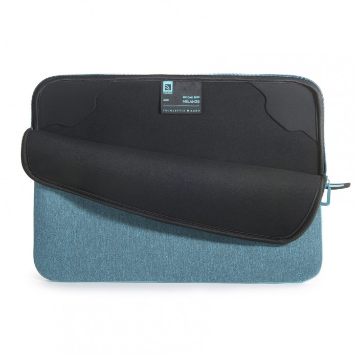 Blaue und graue Laptoptasche, offen. Die Innenseite ist schwarz, Reißverschluss blau.