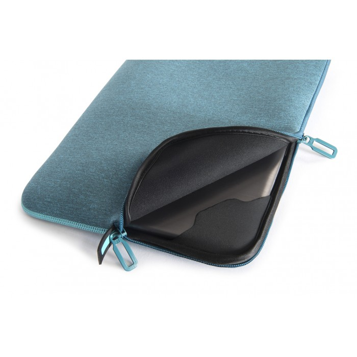 Türkisfarbene Laptoptasche mit Reißverschluss und schwarzem Innenraum, teilweise geöffnet.