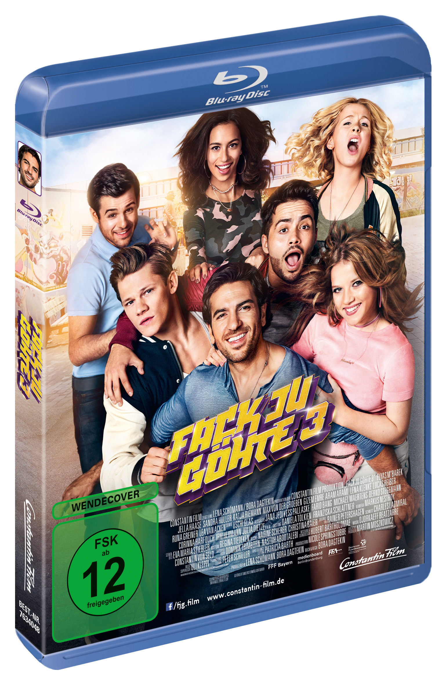 Filmcover mit einer Gruppe von Menschen, die lächeln. Der Titel lautet 'Fack Ju Göhte 3'.