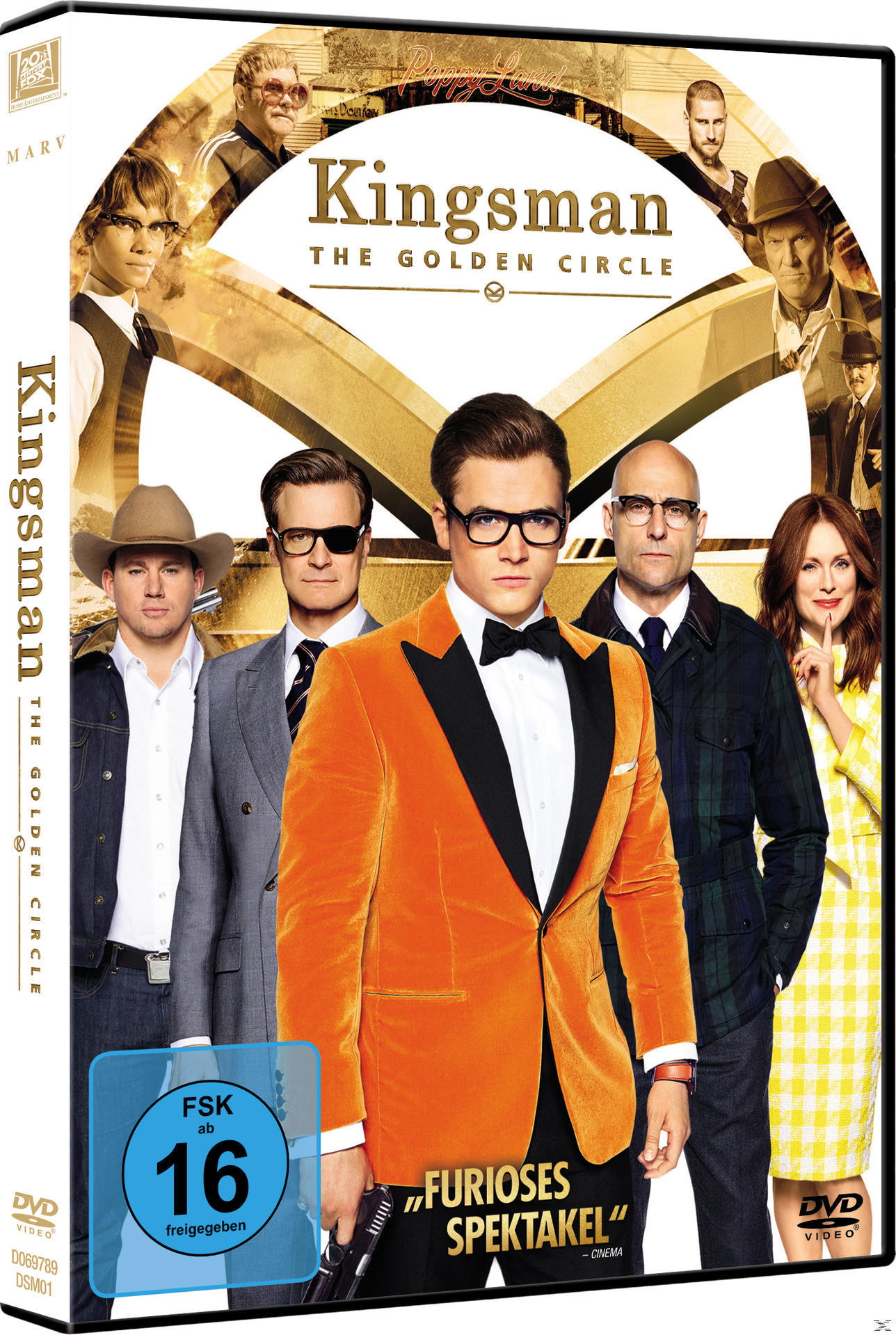 DVD-Cover für den Kingsman-Film. Es gibt mehrere Schauspieler darauf. Die Hauptfigur trägt einen orangen Anzug.