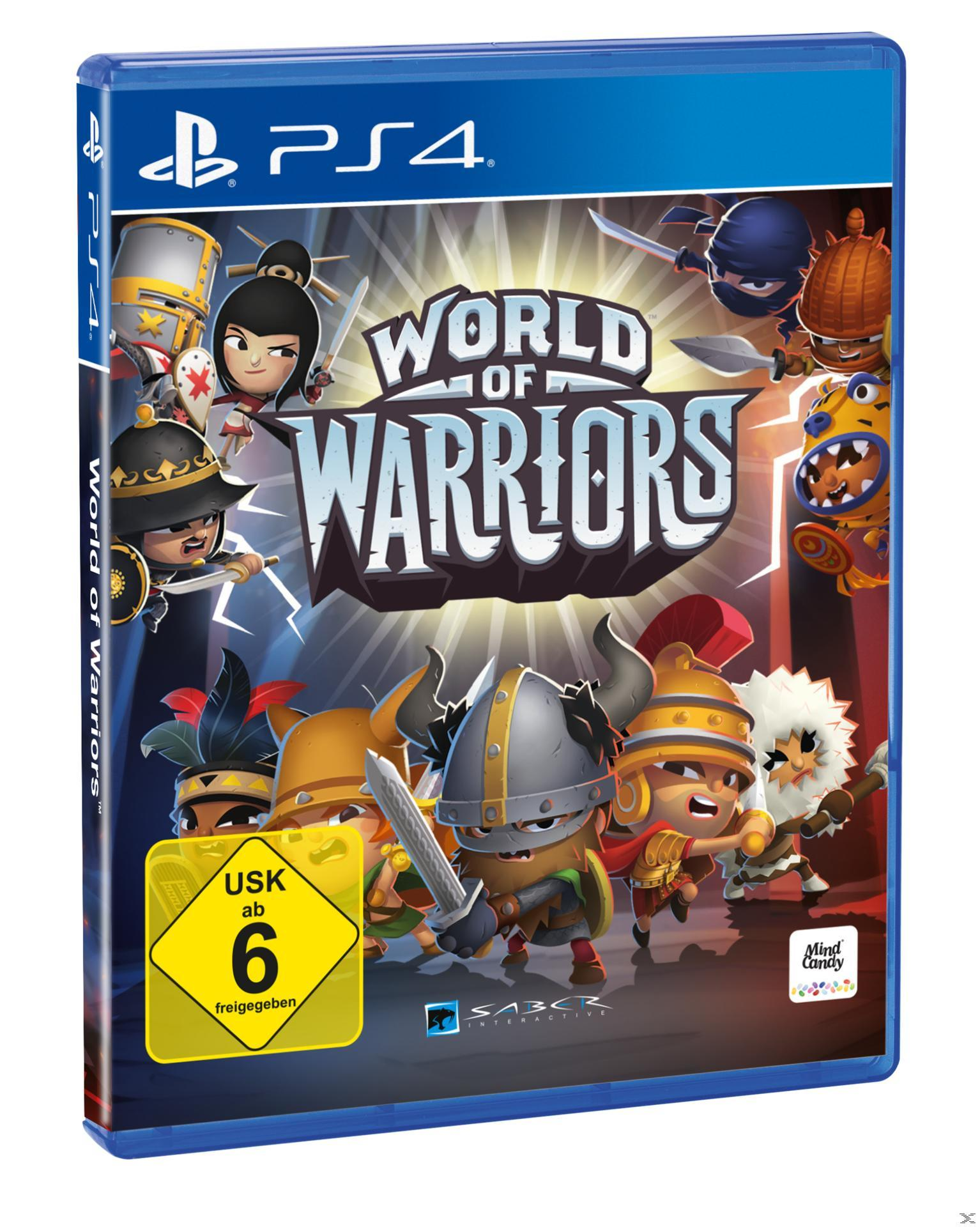 Ein PS4-Spielcase, World of Warriors, mit Cartoon-Kriegern und einem USK-Label.