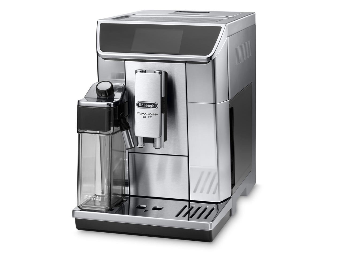 A silver De'Longhi Primadonna Elite coffee machine. It has a water tank, milk frother, and touch display. The machine is on a white background.