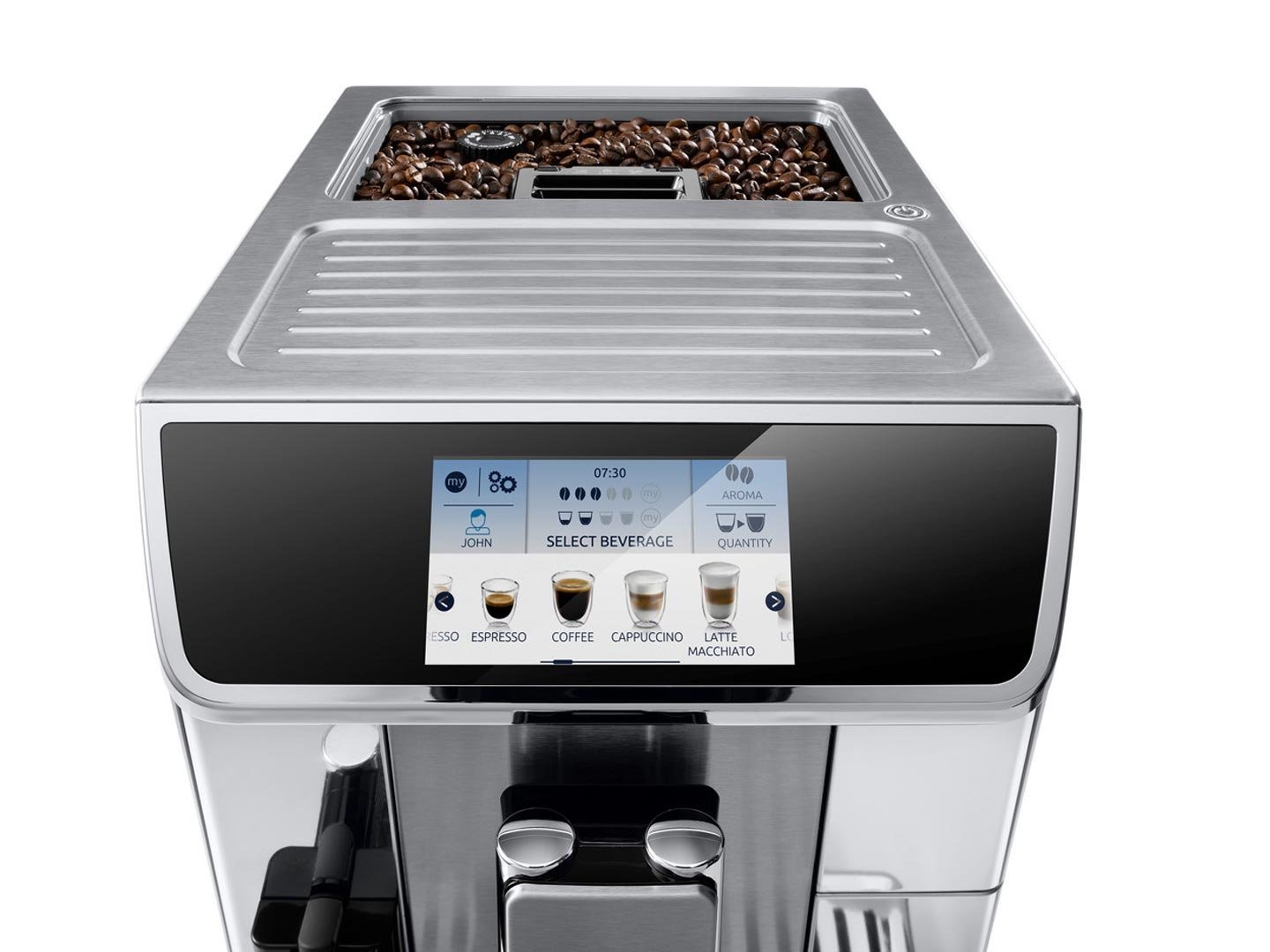 A stainless steel coffee machine. Top has coffee beans. The screen shows beverage options like espresso and cappuccino.