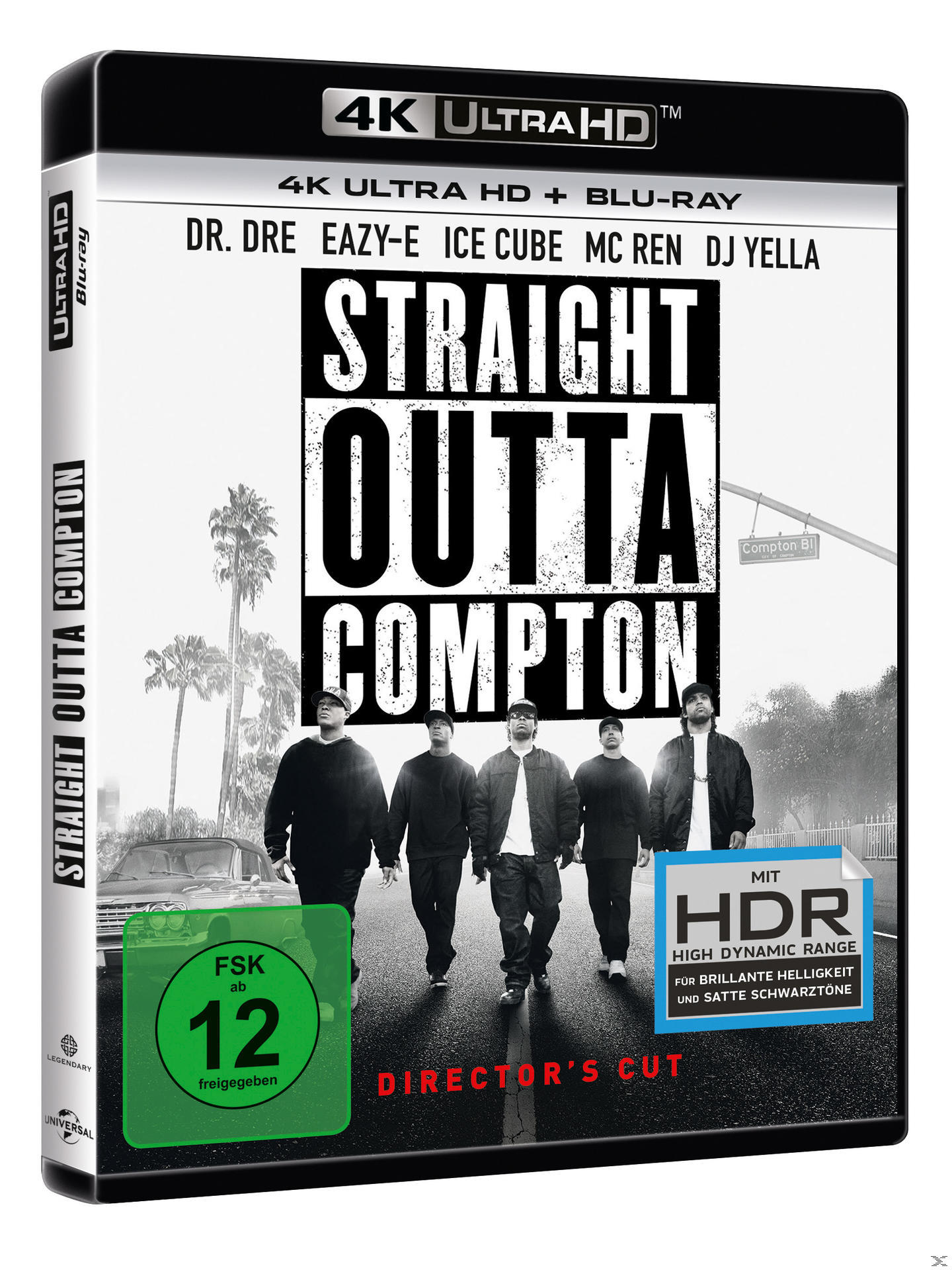 Filmcover für Straight Outta Compton. Fünf Männer in schwarzen Jacken stehen auf einer Straße.