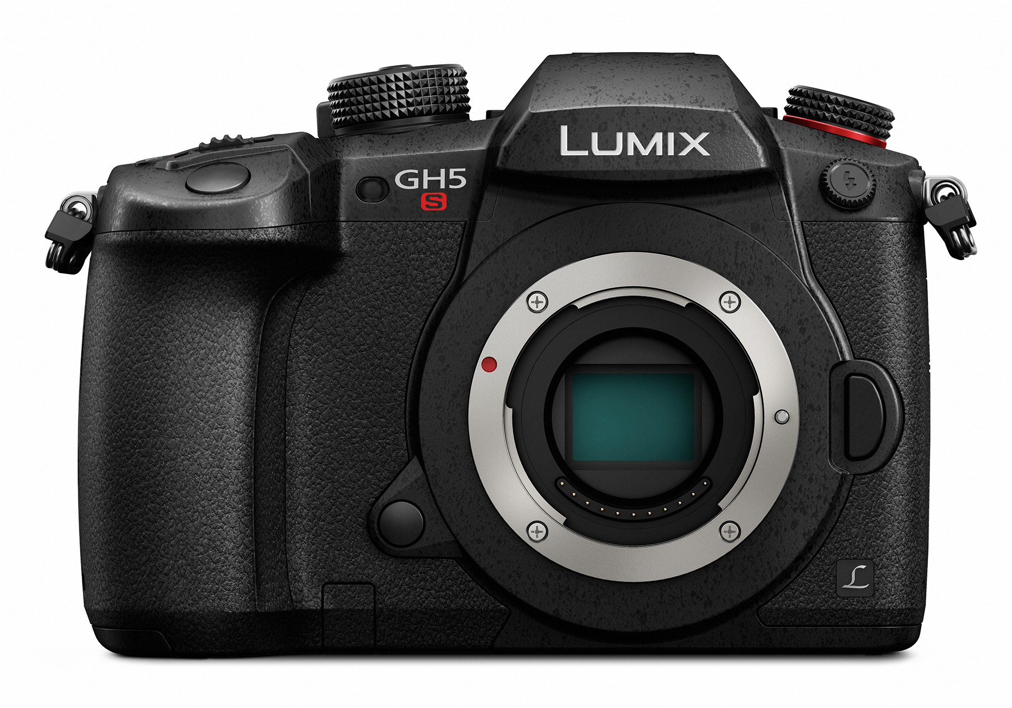 Zwarte Lumix GH5S camera. Voorzien van een lensvatting, draaiknoppen, knoppen en het Lumix-logo. Rode 'S' op de body.