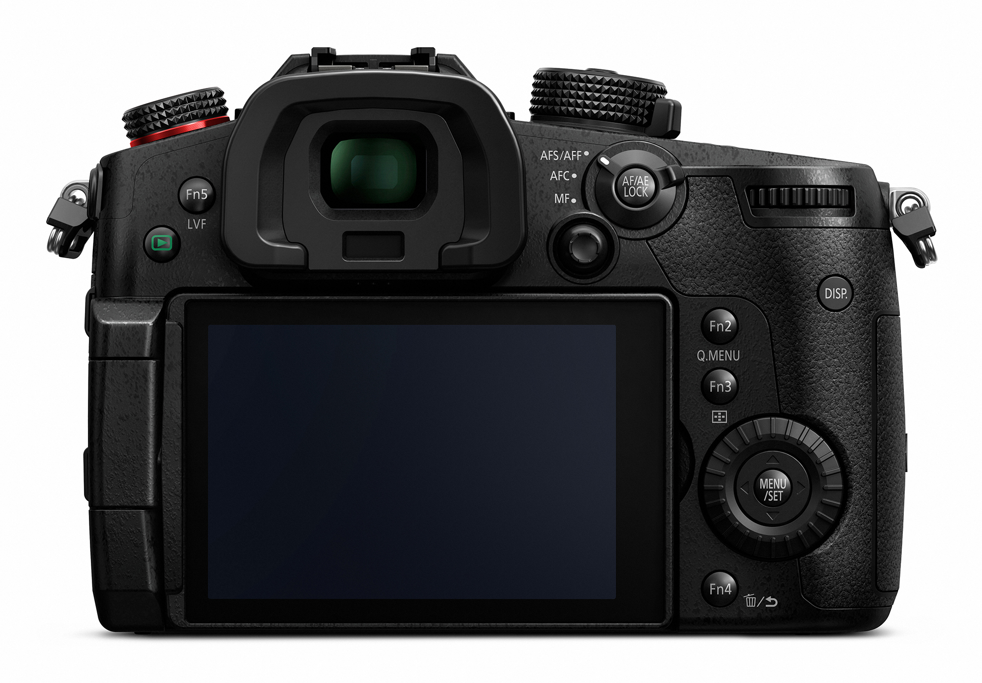 Achteraanzicht van een zwarte camera met knoppen, een scherm en een zoeker. Inclusief Fn5, AF/AE Lock en Menu/Set knoppen.