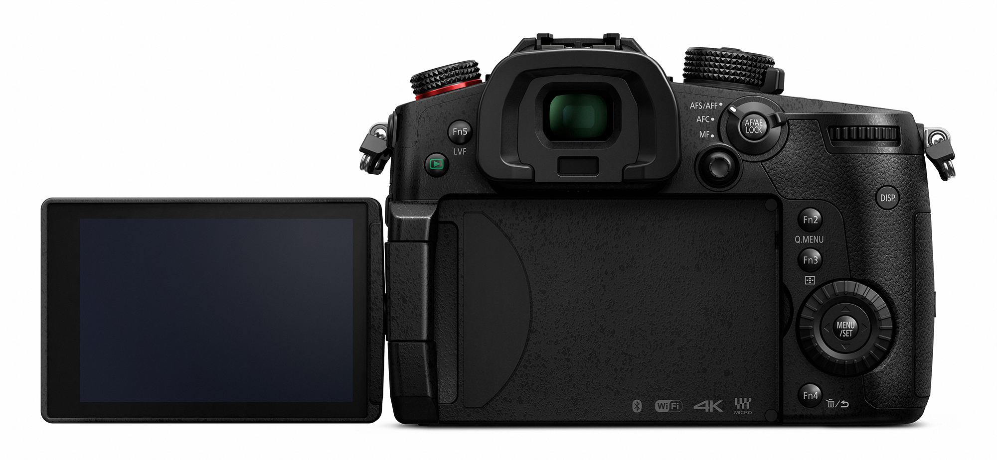 Een zwarte digitale camera met een uitklapbaar scherm. Het heeft knoppen en draaiknoppen, inclusief een zoeker en menubediening.