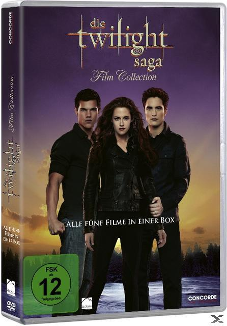 Filmcover. Drei Personen stehen. Der Titel ist Die Twilight Saga. Schauspieler sind im Bild. Lila und schwarzer Hintergrund.
