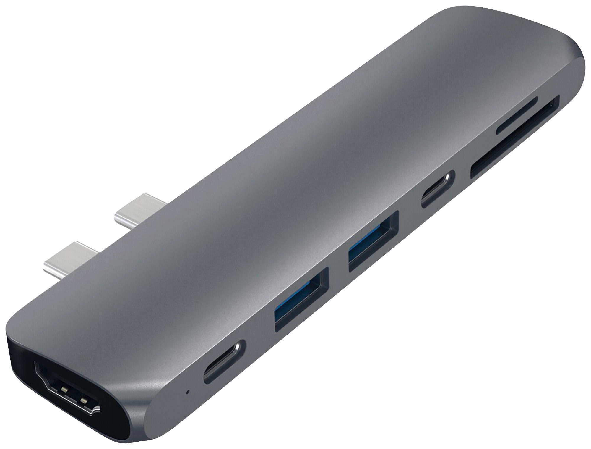 Un hub USB-C grigio con più porte: HDMI, USB, lettore di schede SD e due porte USB-C.