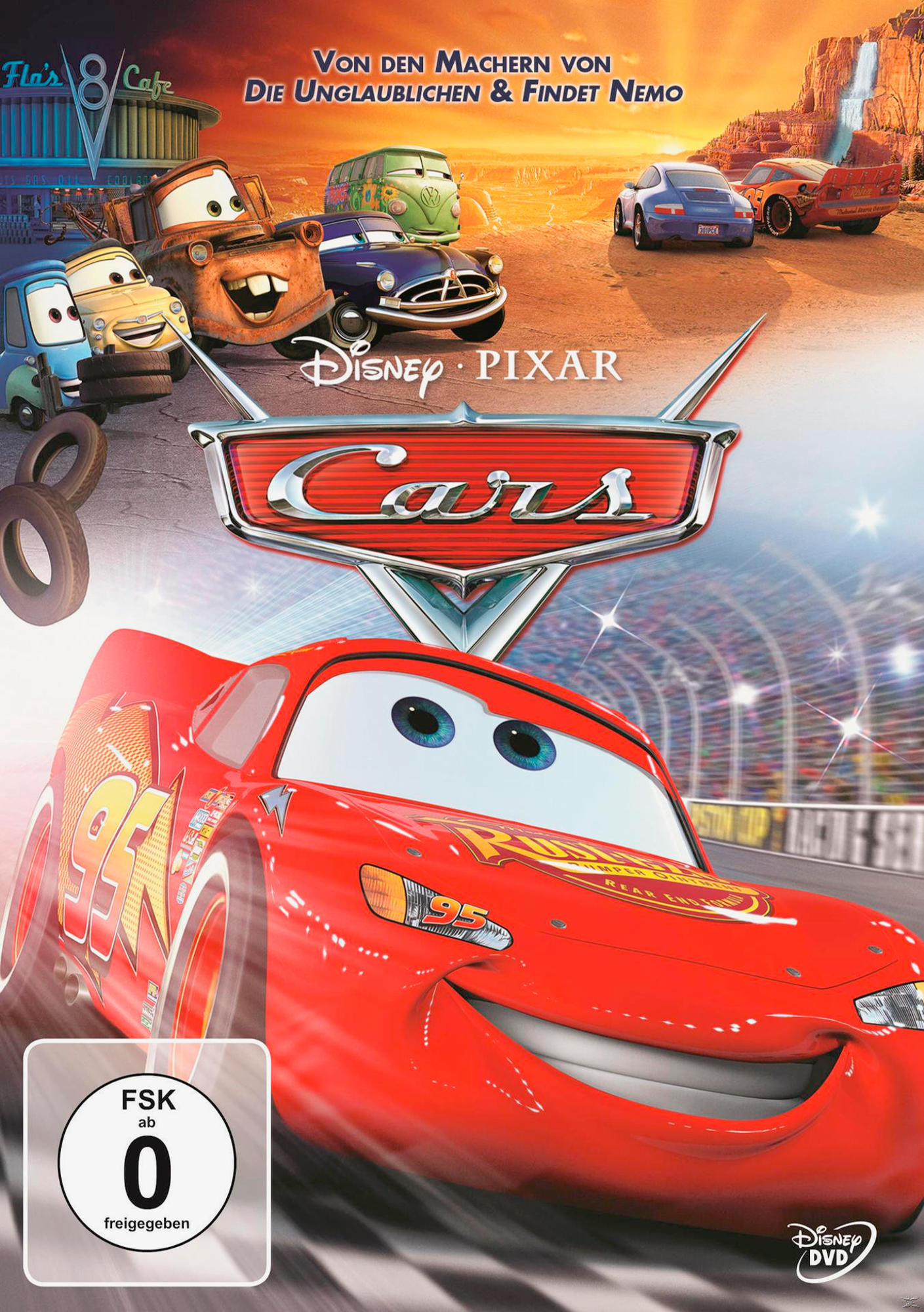 Cars-Filmplakat. Roter Lightning McQueen vor der Rennstrecke. Andere Autos, Berge im Hintergrund.