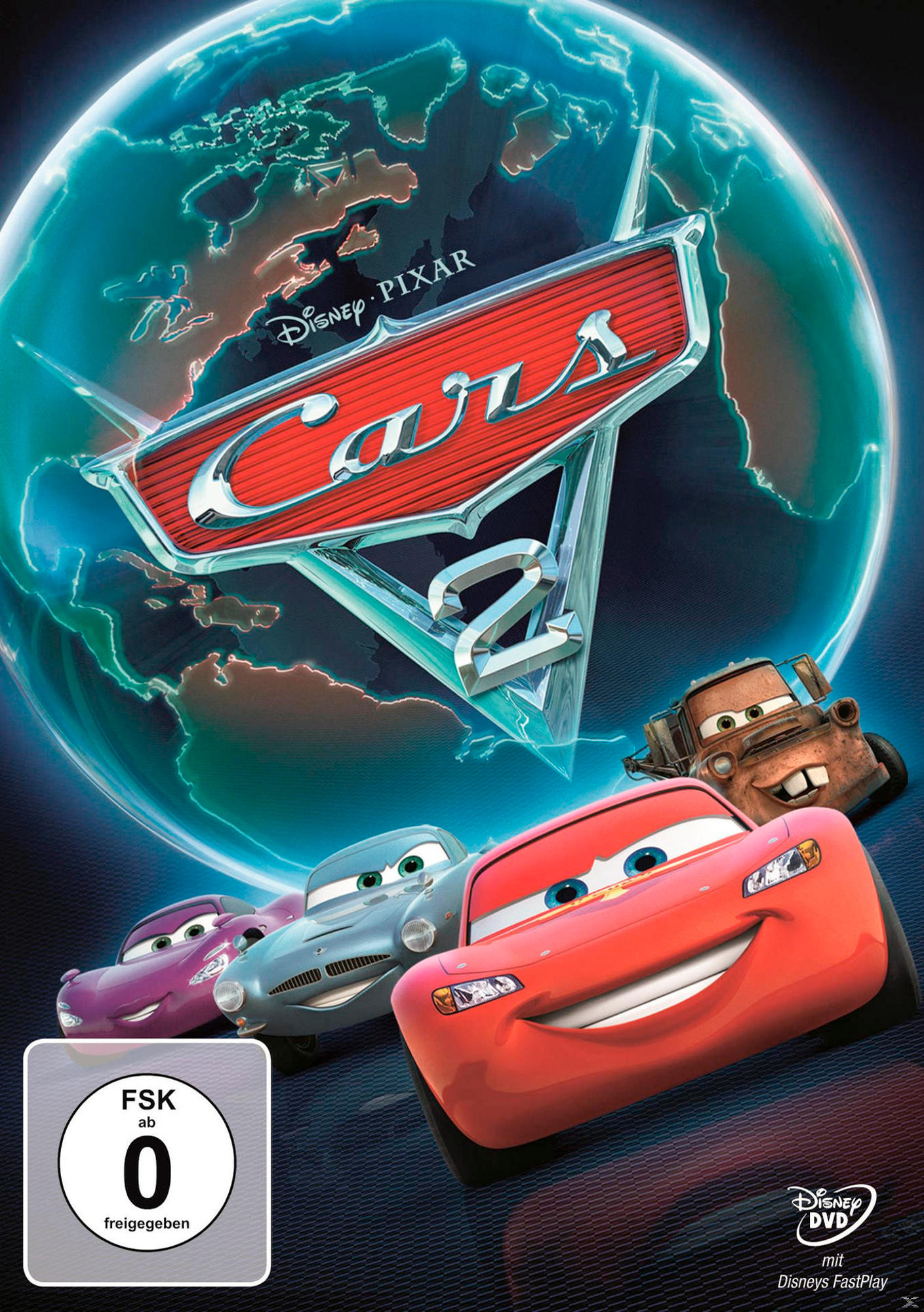 Cars 2 DVD-Hülle mit Lightning McQueen und anderen Charakteren auf dem Cover. Erdhintergrund.