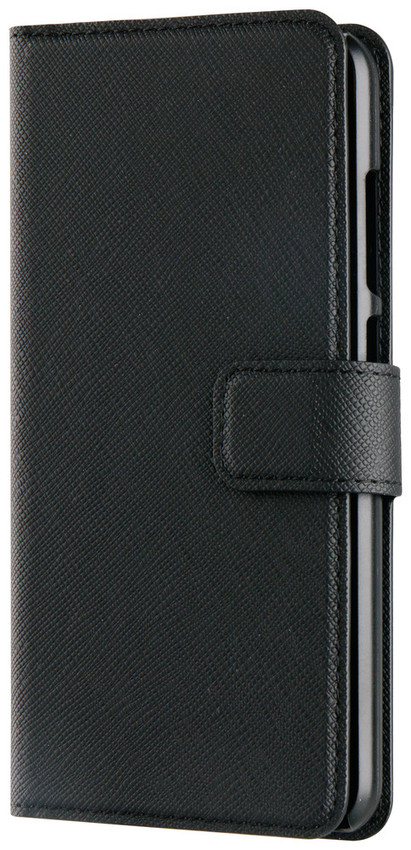 Zwarte telefoonhoes met telefoon erin. Leertextuur.