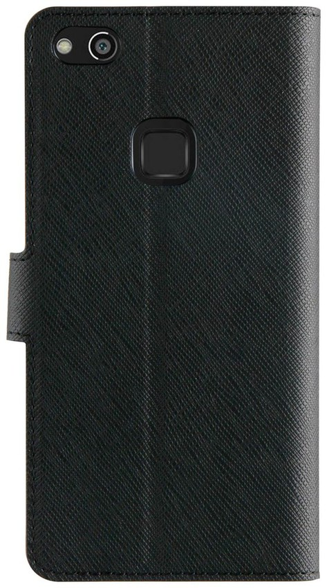Zwarte telefoonhoes met camera-uitsparing en flap. Het oppervlak heeft een textuurpatroon.