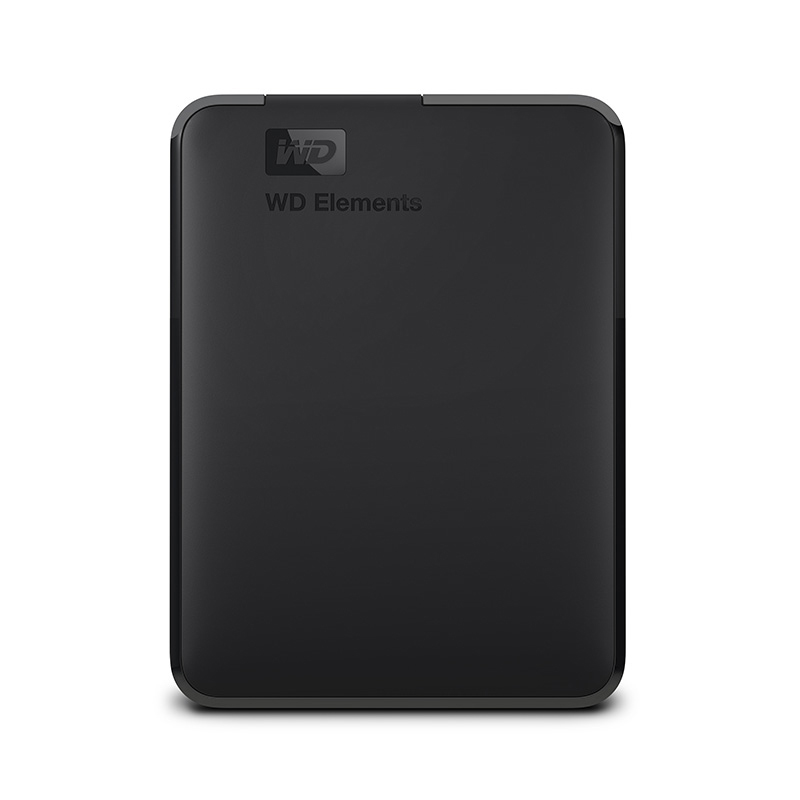 Schwarze externe Festplatte WD Elements. WD-Logo oben.