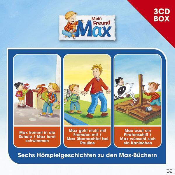 Kinderbuchcover mit drei Illustrationen: Schule, Fremde, Boot.
