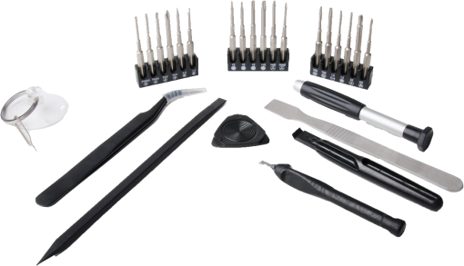 Une collection d'outils de réparation comprenant des pinces, des tournevis et divers autres petits instruments.