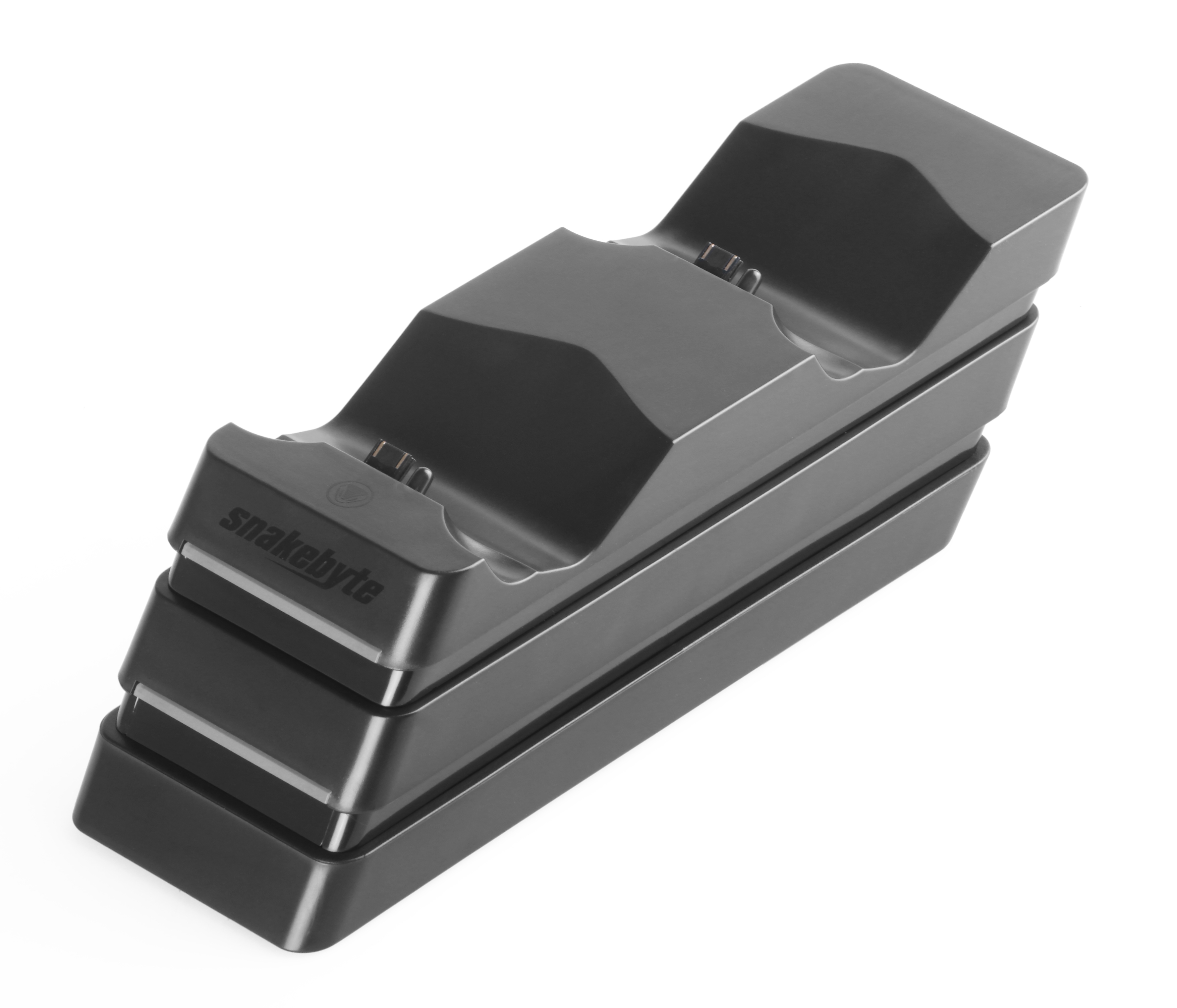 Schwarze Snakebyte Controller-Ladestation. Gestapelt, auf weißem Hintergrund.