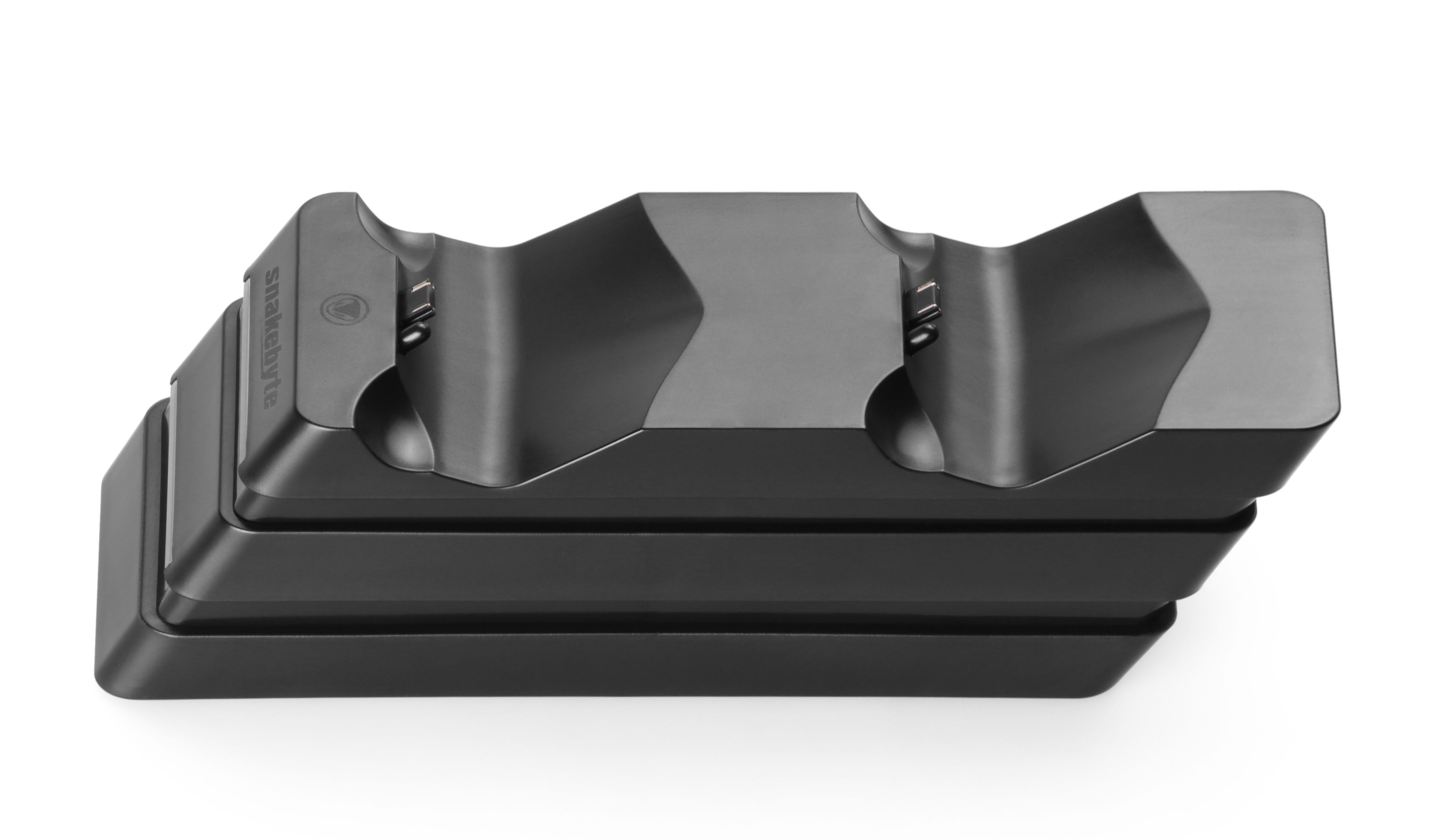 Schwarze Ladestation für Gamecontroller mit schlankem, eckigem Design, weißer Hintergrund.