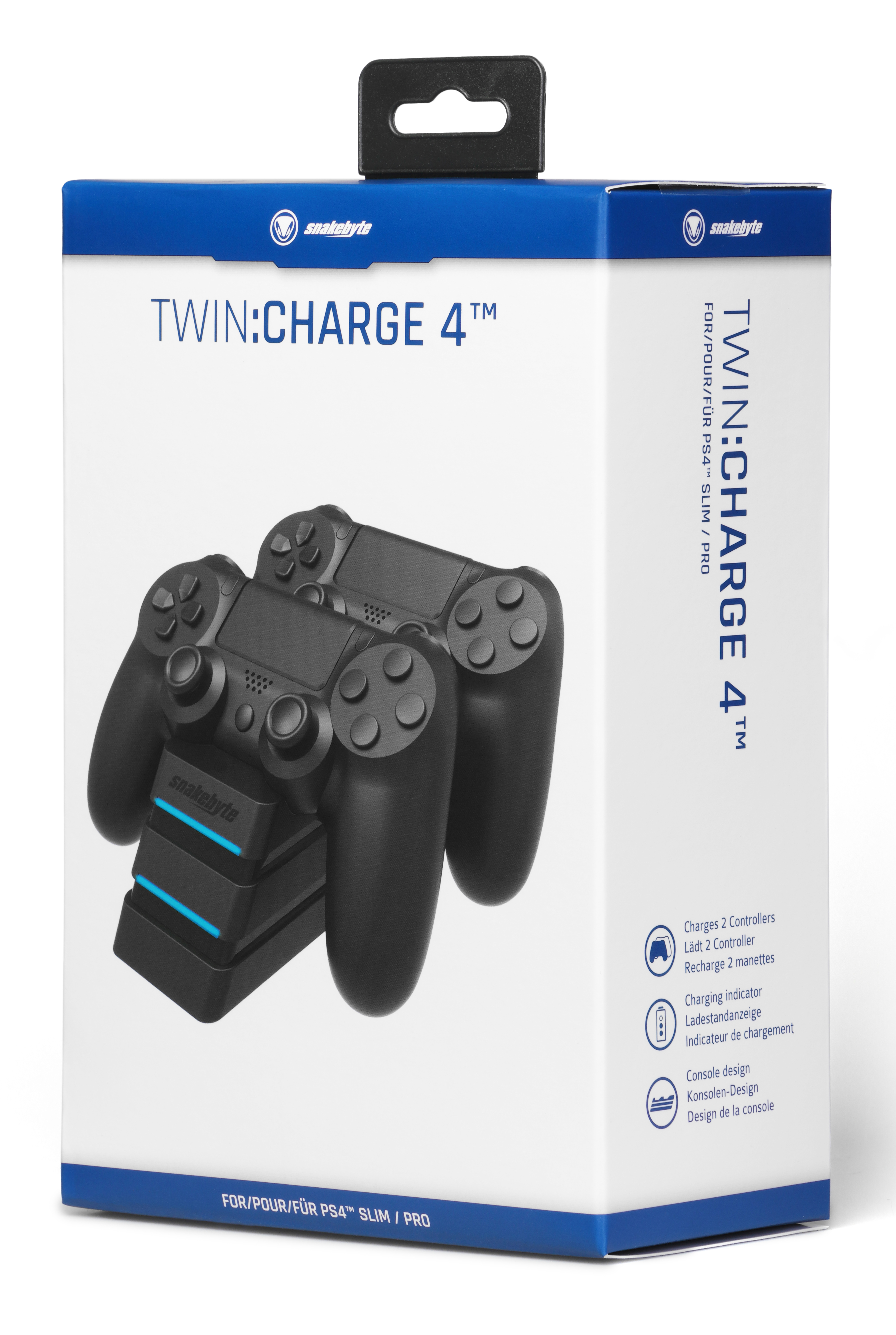Schachtel zeigt zwei schwarze Gamecontroller auf einem Ladegerät. Text: TWIN:CHARGE 4™.