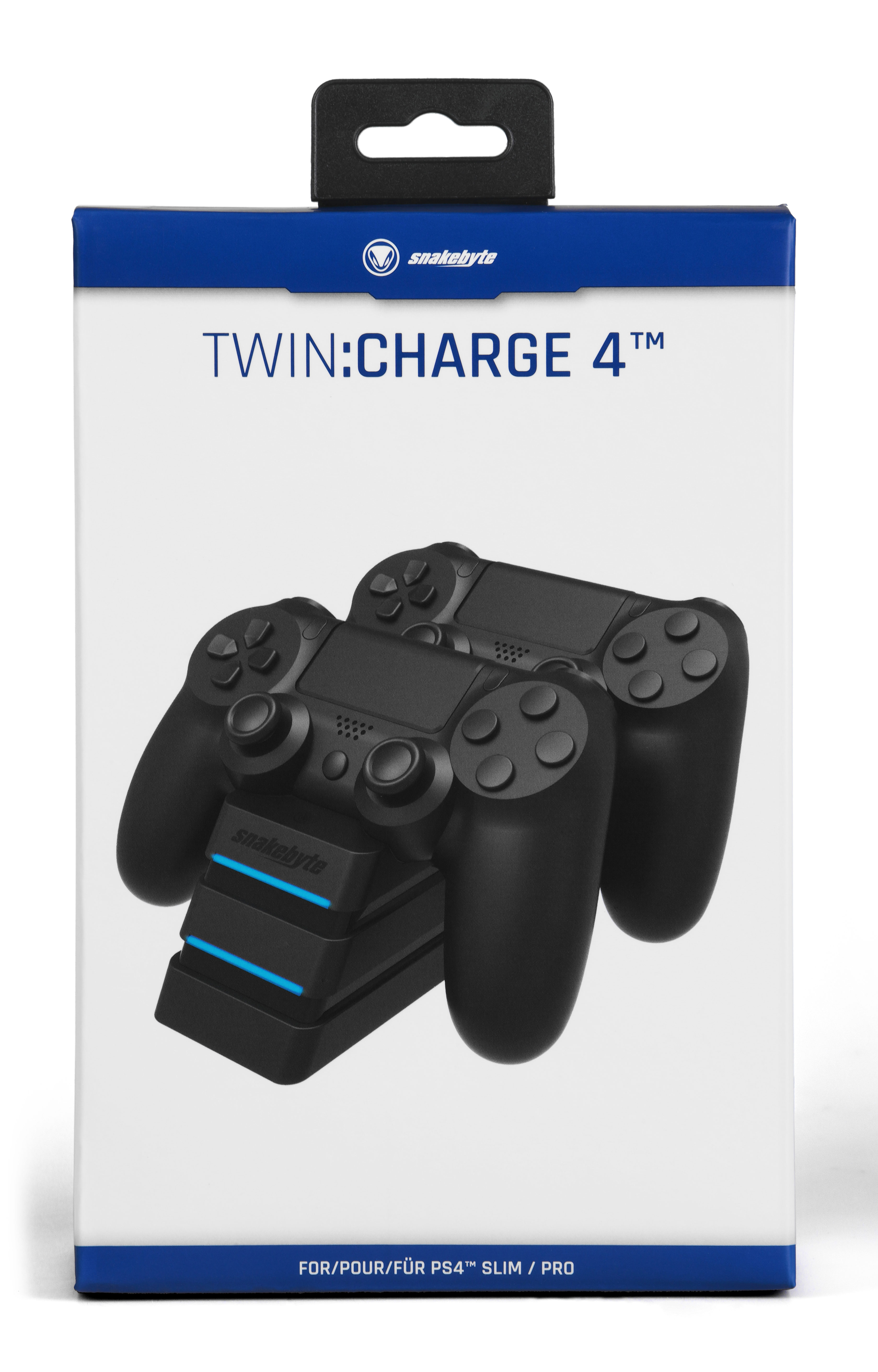 Schwarze Dual-Controller-Ladestation für PS4-Controller, in einer Box.