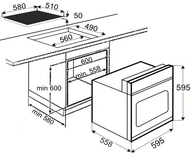 Diagramm von Küchengeräten mit Abmessungen in Millimetern. Enthält Kochfeld, Backofen und Schrankausschnitte mit Größenangaben.