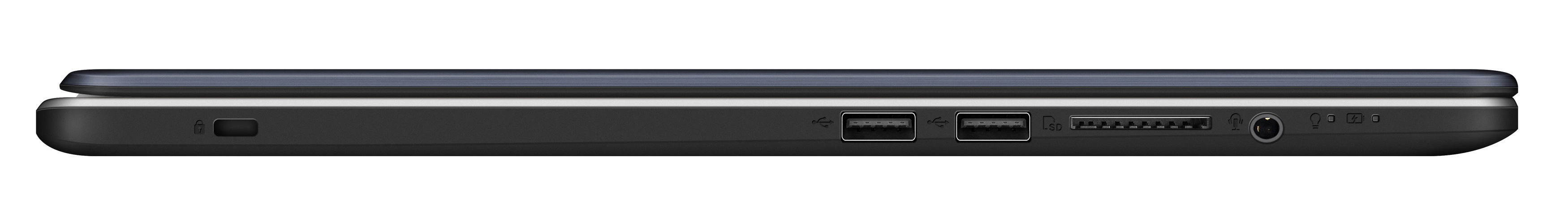 Seitenansicht eines geschlossenen Laptops mit USB-Anschlüssen, Audiobuchse und Sicherheitsschlitz.